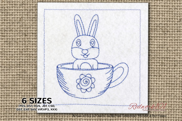 Easter Bunny in Coffee Cup Redwork