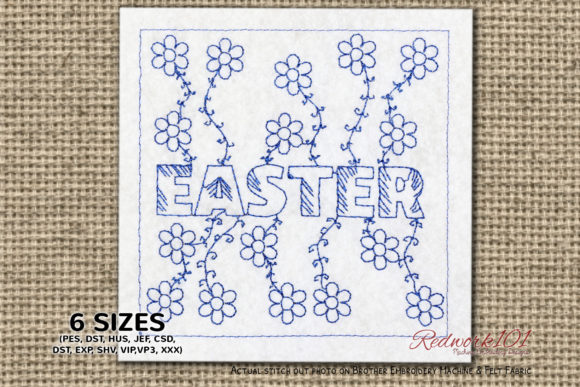 Easter Text with Floral Pattern Redwork for Boutique Apparel